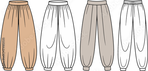 Loose fit pants fashion sketch, gathered waist and ankle design, casual style, front view, color variation, apparel template, illustration