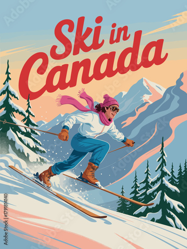 Retro ski poster with canadian alps winter landscape and scenic snow-covered pine trees