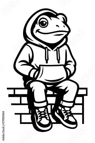 frog in hoodie sitting on wall edge in relaxed streetwear pose
