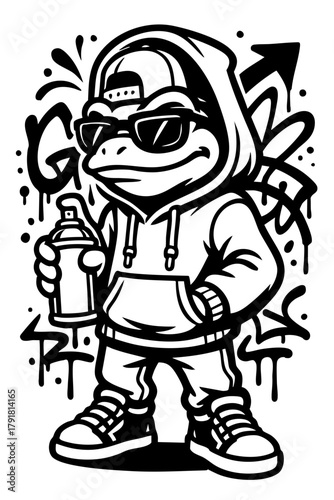 Black and white vector illustration of a cool frog in hoodie and cap holding spray paint can with graffiti background