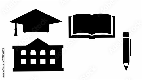 Celebrating academic achievement and education, a graduation cap, book, pencil, and school building symbolize learning and success in higher education