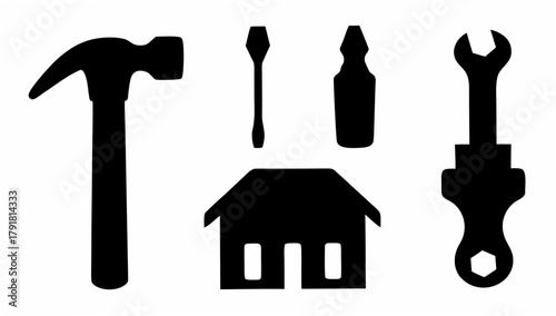 Handyman's Essential Tools for Home Repair and Construction Projects, Featuring Hammer, Screwdriver, Wrench, and House Silhouette