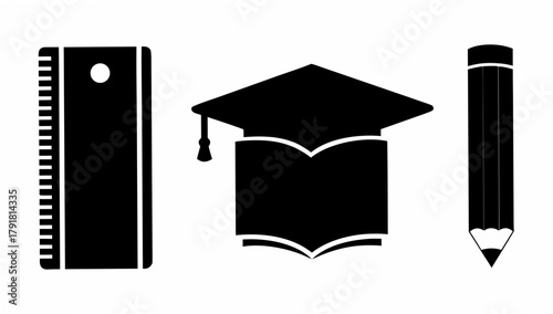 Inspiring Back to School Essentials: Ruler, Graduation Cap with Book, and Pencil Design for Creative Learning and Academic Success, Originally a Vector Graphic