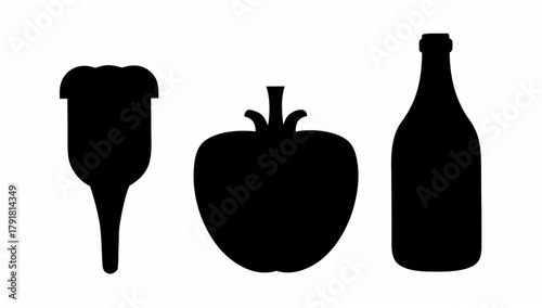 Stylized black shapes show a bottle, apple, and glass, perfect for logo or icon design, with clean lines and easy scalability from its original vector format