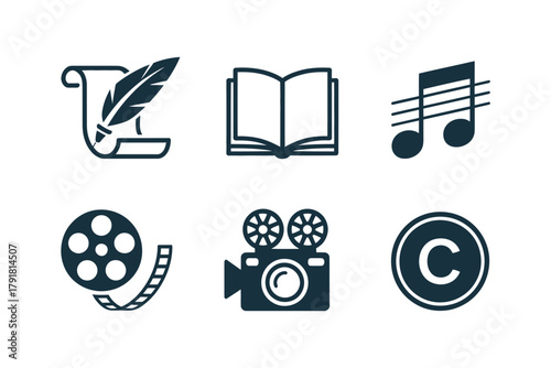 Detailed flat vector icons for media, showing film, camera, book, representing creativity, copyright, and publishing,