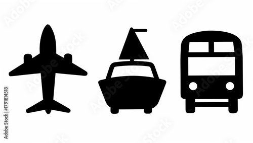 Travel icons showing airplane, sailboat, and bus, perfect for transportation themes, trip planning, and travel agencies, originally from a vector graphic