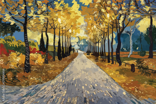 tree trail. a watercolor painting. Branches Arch over a sun filled footpath through the woods. serene forest path vector illustration in watercolor style. Scenery of a curved road with autumnal trees 