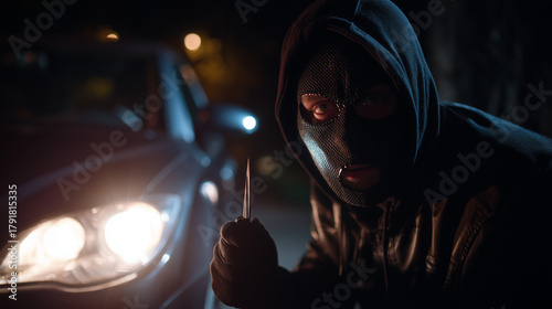 Masked burglar attempts to break into a car at night, crime scene, dangerous act, urban environment, suspenseful and tense moment, illegal activity captured in photo.