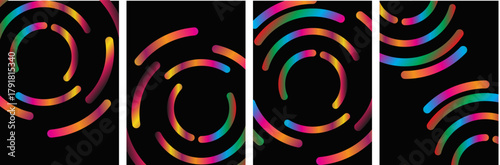 Dynamic Abstract Gradient Line Patterns on Black Background: Vector Circle Shape Color Geometric Graphics with Rainbow Waves and Circular Design Elements.