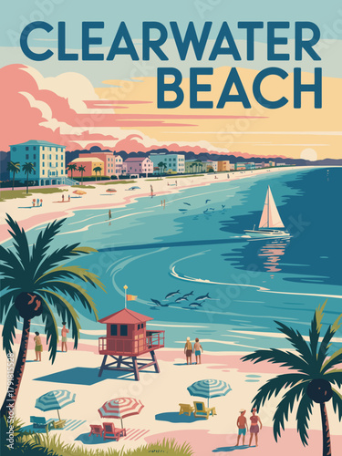 Clearwater Beach Florida Retro Travel Poster – Vintage Mid-Century Vacation Illustration Featuring Palm Trees, Lifeguard Tower, Colorful Umbrellas, Beach Hotels, and Scenic Sunset Ocean View