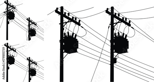 Utility pole silhouettes vector, electrical transformers crossarms wiring illustration, power line infrastructure icons, distribution system design, energy grid network graphicsUtilit
