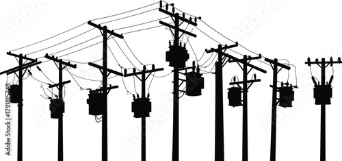 Utility pole silhouettes vector, electrical transformers insulators crossarms wiring illustration, power line infrastructure icons, distribution system design, energy grid graphics