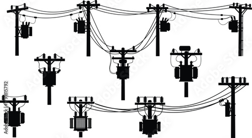 Utility pole silhouettes vector, electrical transformers insulators crossarms wiring illustration, power line infrastructure icons, distribution system design, energy grid graphics