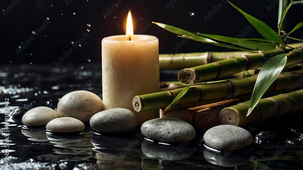 Obraz premium Serene Spa Still Life with Gray Stones, Green Bamboo, and Lit Candle – Relaxation & Meditation Decor