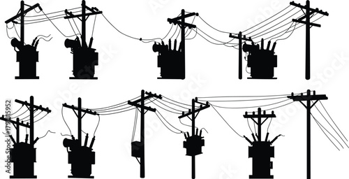 Utility pole silhouettes vector, electrical transformers insulators crossarms wiring illustration, power line infrastructure icons, distribution system design, energy grid graphics
