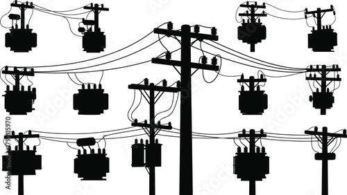 Utility pole silhouettes vector, electrical transformers insulators crossarms wiring illustration, power line infrastructure icons, distribution system design, energy grid graphics