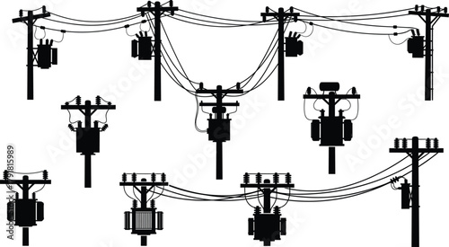 Utility pole silhouettes vector, electrical transformers insulators crossarms wiring illustration, power line infrastructure icons, distribution system design, energy grid graphics