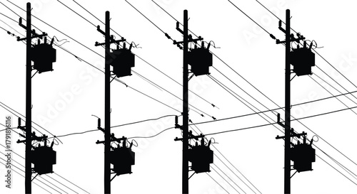 Utility pole silhouettes vector, electrical transformers wiring illustration, power line infrastructure icons, urban distribution system design, energy grid network graphics