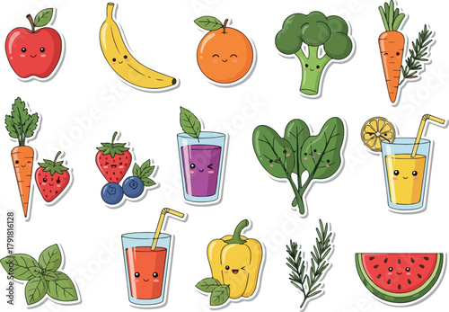 Cute Fruit and Vegetable Sticker Set for Healthy Lifestyle.