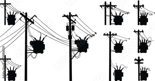 Utility pole silhouettes vector, electrical transformers insulators wiring illustration, power line infrastructure icons, distribution system design, energy grid network graphics
