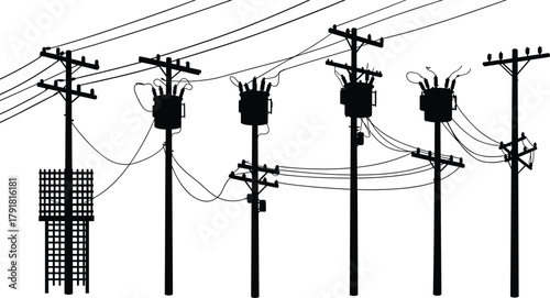 Utility pole silhouettes, electrical transformers, insulators, junction box wiring, lattice base design, urban electricity grid, industrial energy distribution, black illustration, flat vector