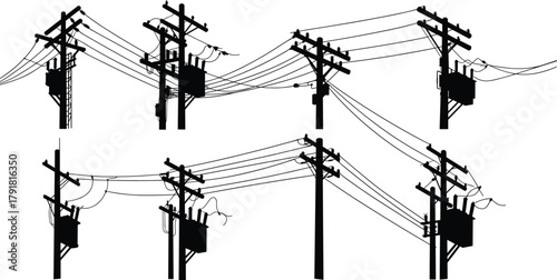 Utility pole silhouettes, electrical transformers, insulators, power line structures, energy distribution system, urban electricity grid, industrial infrastructure illustration, 