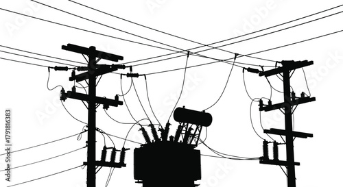 Utility pole transformer silhouette, three pole electrical distribution system, insulators, power lines, voltage regulation equipment, energy grid infrastructure, cad drawing flat vector