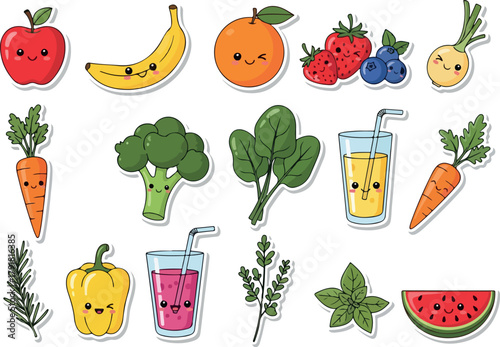 Cute Fruit and Vegetable Stickers Healthy Food Icons.