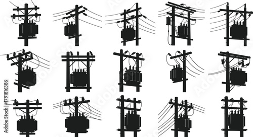 Utility pole transformer silhouettes, electrical distribution system, insulators, crossarms, wiring arrangements, diverse power grid infrastructure, voltage equipment, cad drawing flat vector