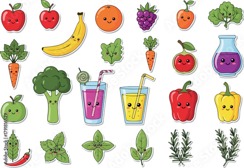 Cute Cartoon Fruits and Vegetables Sticker Set Illustration.