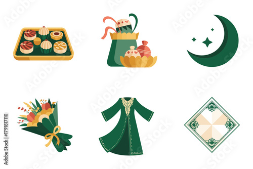 Detailed flat vector icons for cultural event, showing mosque, clothes, gifts, representing tradition and joyous celebration,