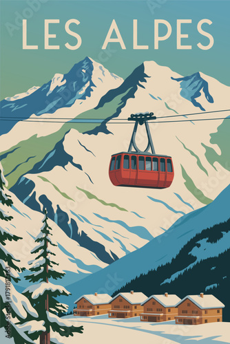 Winter ski resort illustration with red gondola alpine chalet snowy alps retro banner