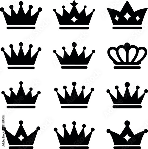 Collection of nine black silhouette crown icons on white background vector