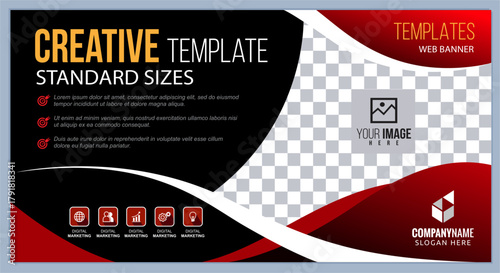 Modern Web Banner Template for Digital Marketing Campaigns, Creative layout with icons, image space, and bold headline