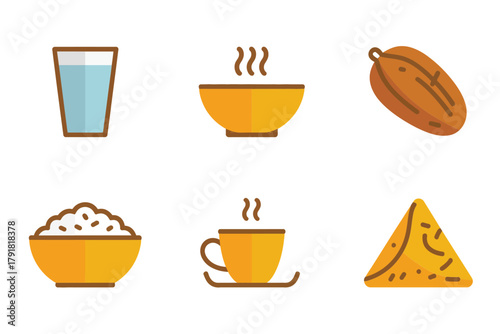 Flat color icons for meal, illustrating dates, water, rice, representing iftar, fasting, and traditional culture,