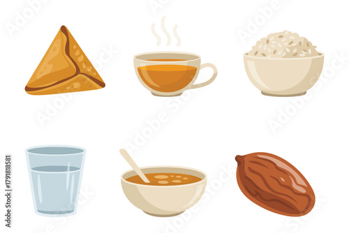 Detailed flat vector icons for meal, showing rice, drink, dates, representing iftar, fasting, and traditional culture,
