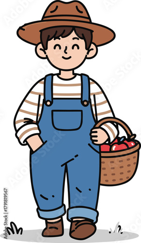 Cartoon farmer holding apple basket in field, agricultural character illustration for harvest, healthy food, rural lifestyle and farm design