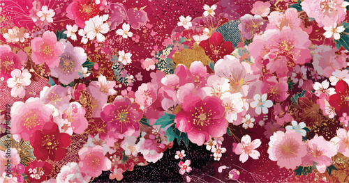 다채로운 벚꽃과 붉은 꽃잎이 만발한 아름다운 배경, 섬세한 패턴과 질감의 조화
