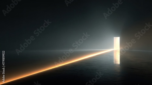 Fototapeta Naklejka Na Ścianę i Meble -  Sci-fi portal, warmhole, A Glowing Doorway of Hope. Abstract 3D Render of Bright Light Coming Out of a Slit in a Wall, Reflecting on a Dark Foggy Floor