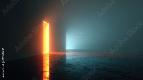 Fototapeta Naklejka Na Ścianę i Meble -  Sci-fi portal, warmhole, A Glowing Doorway of Hope. Abstract 3D Render of Bright Light Coming Out of a Slit in a Wall, Reflecting on a Dark Foggy Floor