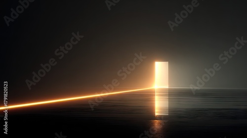 Fototapeta Naklejka Na Ścianę i Meble -  Sci-fi portal, warmhole, A Glowing Doorway of Hope. Abstract 3D Render of Bright Light Coming Out of a Slit in a Wall, Reflecting on a Dark Foggy Floor