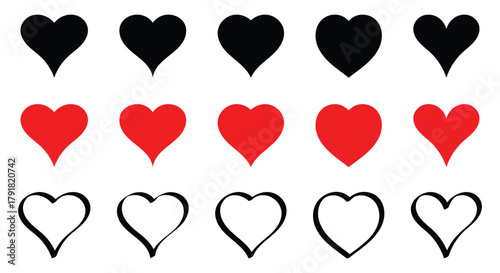 Heart icon set. Black, red and outline styles. Minimal heart symbols featuring solid and outline variations for romance and love-themed designs.