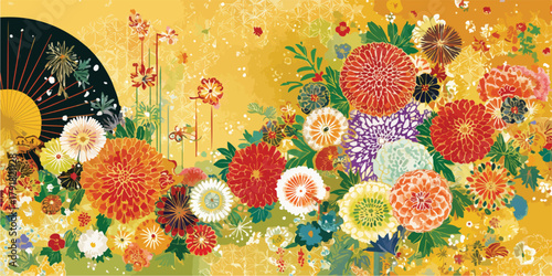 풍성하고 다채로운 국화꽃과 부채가 어우러진 한국적인 전통 문양의 아름다운 일러스트