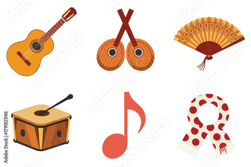 Flat color icons for music, illustrating guitar, drum, fan, representing traditional culture and festive dance,