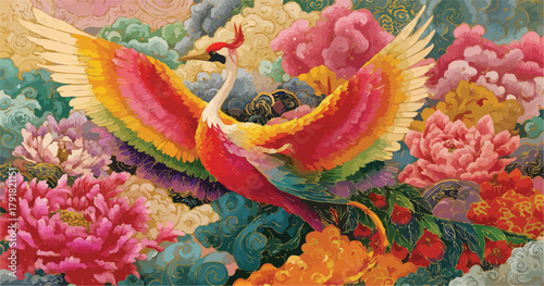 화려한 깃털과 꽃 사이를 나는 봉황의 아름다운 동양화 일러스트