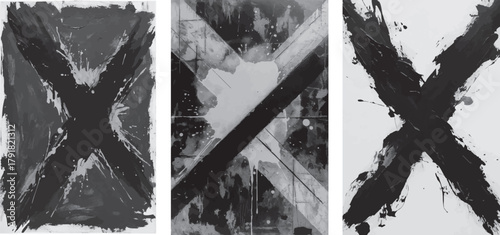 Punk vector abstract black x marks painted with thick brushstrokes on a white background, creating a bold and textured artistic composition