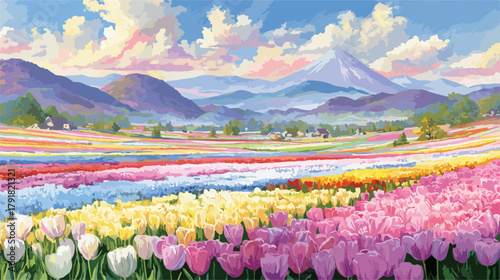 아름다운 튤립 밭과 산, 하늘의 구름이 어우러진 봄날의 풍경 일러스트