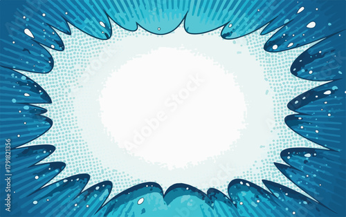 만화 스타일의 폭발적인 말풍선 배경으로, 파란색과 흰색의 밝은 색상으로 강조된 빈 공간이 특징입니다.