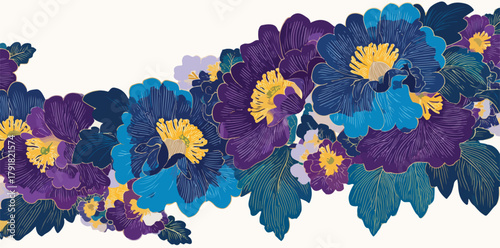 풍부한 보라색과 파란색 꽃의 화려한 벡터 일러스트레이션, 노란색 센터와 녹색 잎사귀가 돋보입니다.