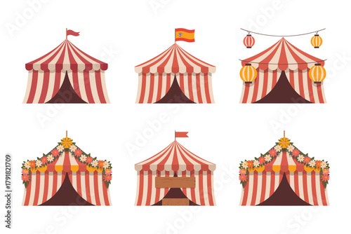 Flat color icons for fair, illustrating striped tents, flags, sign, representing entertainment, event, and circus show,